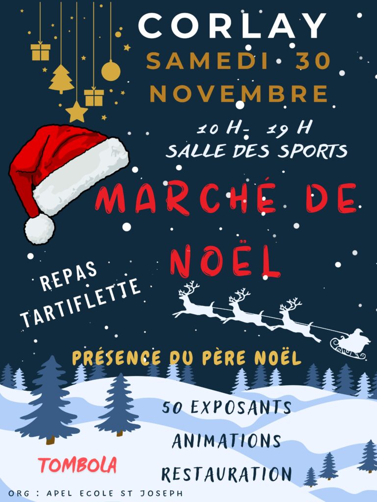 Affiche du marché de Noël de Corlay avec un fond bleu nuit et de la neige, un bonnet rouge à pompon blanc, un traîneau et des suspensions dorés. C'est très joli et festif !